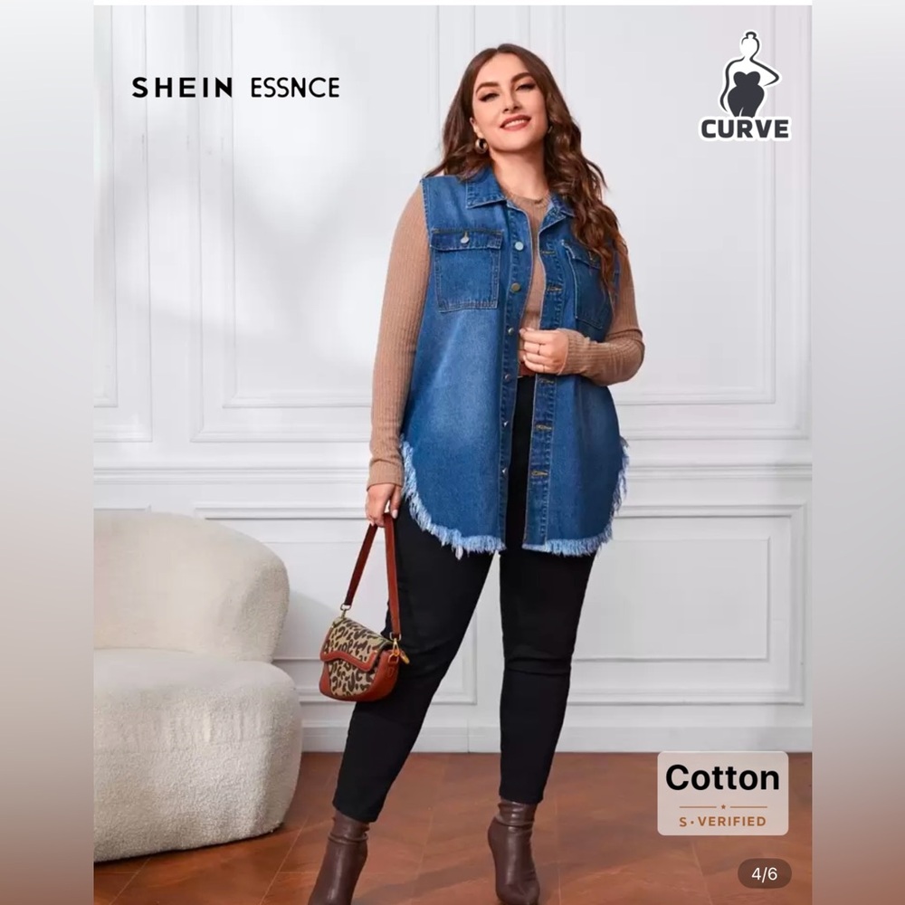 SHEIN Blue Denim Frayed Hem Sleeveless Jacket